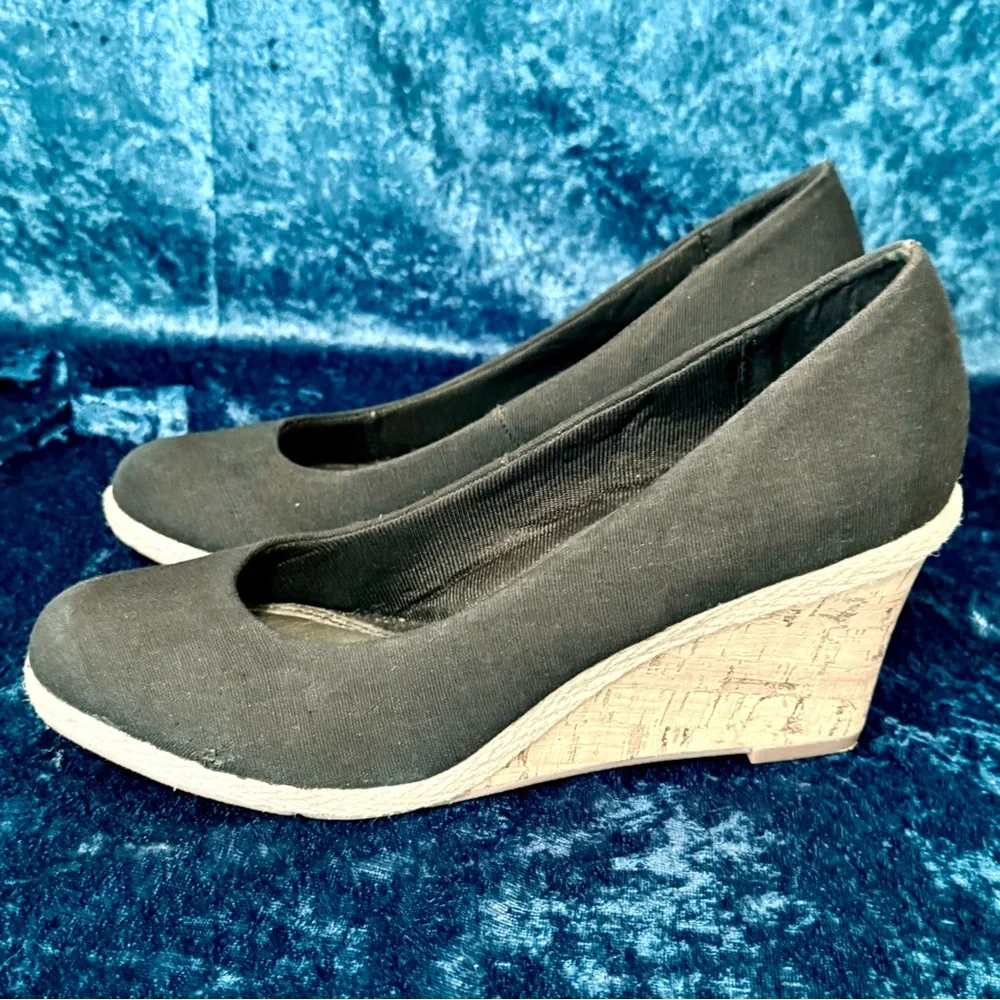 LifeStride Dexflex Black Canvas Cork Wedge‎ Sandals Size 8 Cushion Comfort